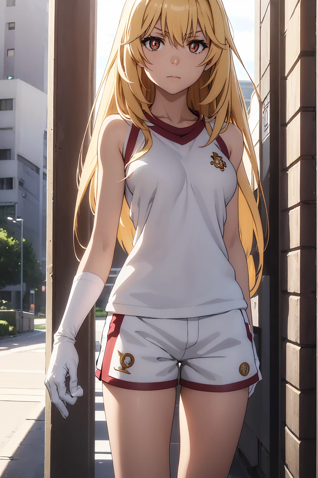 NSFW Highest quality, (masterpiece:1.2),{{shirtリフト}} {{topless}},misakishokuhou, misaki shokuhou, blonde, Hair between the eyes, Long Hair, (Symbol-shaped pupil:1.5)++, (Big Breasts), break bare shoulders, gloves, gym shirt, gym Shorts, Gym suit, shirt, short Shorts, Shorts, Sleeveless, Sleeveless shirt, Knee socks, tokiwadai school Gym suit, white gloves, white shirt, white Shorts, white Knee socks, break outdoor, city, null, sun, cloud, break looking at viewer, (Cowboy Shot:1.5), break (masterpiece:1.2), Highest quality, High resolution, unity 8k wallpaper, (shape:0.8), (Beautiful attention to detail:1.6), Highly detailed face, Perfect lighting, Extremely detailed CG, (Perfect hands, Perfect Anatomy),{{shirtリフト}} {{topless}}