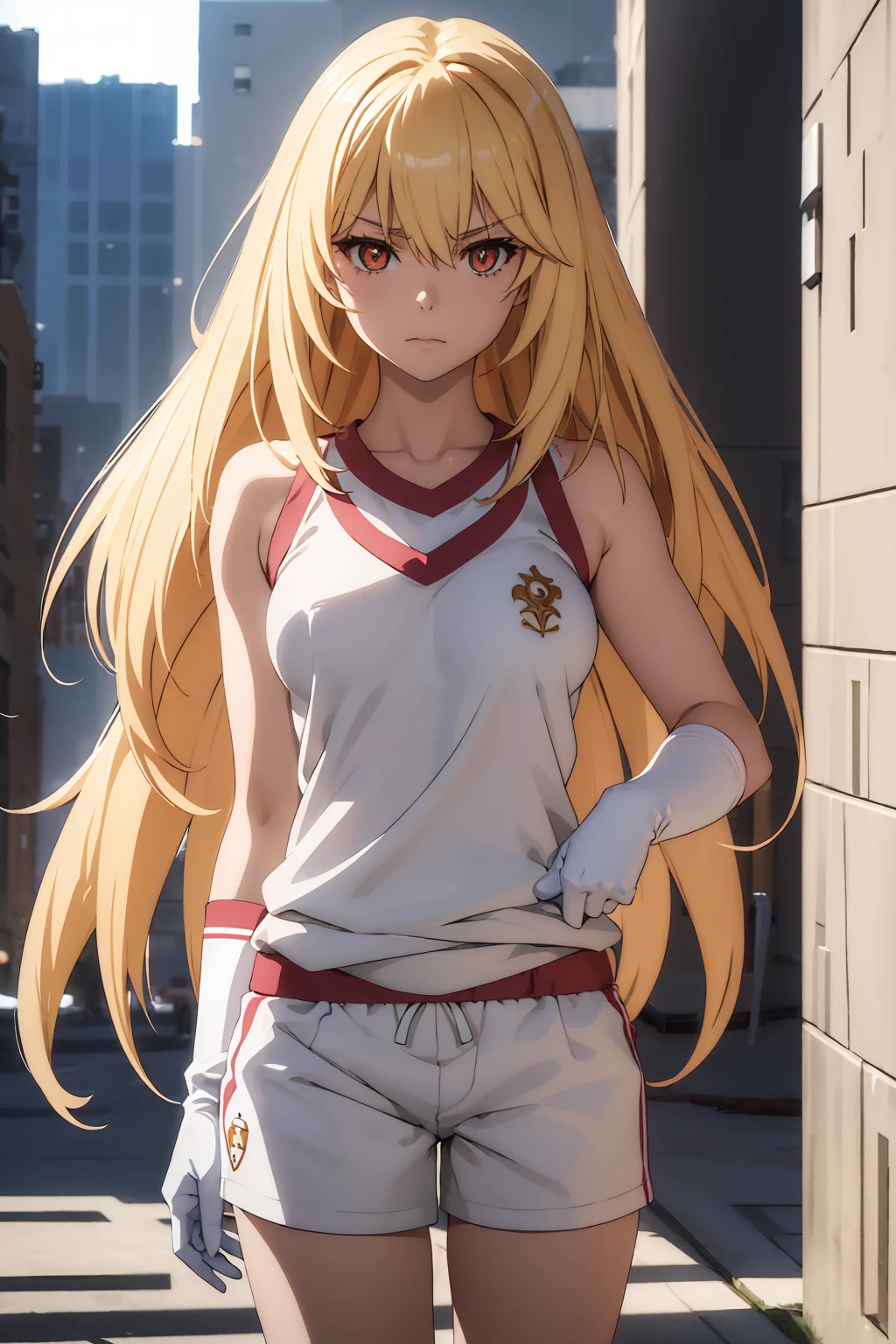 NSFW Highest quality, (masterpiece:1.2),misakishokuhou, misaki shokuhou, blonde, Hair between the eyes, Long Hair, (Symbol-shaped pupil:1.5), + +, (Big Breasts), break bare shoulders, gloves, gym shirt, gym Shorts, Gym suit, shirt, short Shorts, Shorts, Sleeveless, Sleeveless shirt, Knee socks, tokiwadai school Gym suit, white gloves, white shirt, white Shorts, white Knee socks, break outdoor, city, null, sun, cloud, break looking at viewer, (Cowboy Shot:1.5), break (masterpiece:1.2), Highest quality, High resolution, unity 8k wallpaper, (shape:0.8), (Beautiful attention to detail:1.6), Highly detailed face, Perfect lighting, Extremely detailed CG, (Perfect hands, Perfect Anatomy),