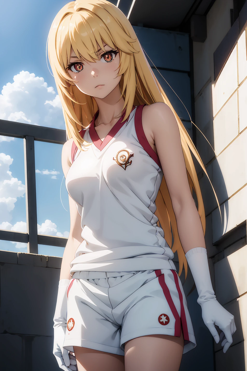 NSFW Highest quality, (masterpiece:1.2),{{shirtリフト}} {{topless}},misakishokuhou, misaki shokuhou, blonde, Hair between the eyes, Long Hair, (Symbol-shaped pupil:1.5)++, (Big Breasts), break bare shoulders, gloves, gym shirt, gym Shorts, Gym suit, shirt, short Shorts, Shorts, Sleeveless, Sleeveless shirt, Knee socks, tokiwadai school Gym suit, white gloves, white shirt, white Shorts, white Knee socks, break outdoor, city, null, sun, cloud, break looking at viewer, (Cowboy Shot:1.5), break (masterpiece:1.2), Highest quality, High resolution, unity 8k wallpaper, (shape:0.8), (Beautiful attention to detail:1.6), Highly detailed face, Perfect lighting, Extremely detailed CG, (Perfect hands, Perfect Anatomy),{{shirtリフト}} {{topless}}