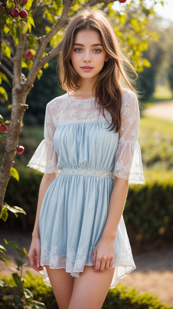 A beautiful european girl, wearing white organza dress, transparent Dress. She is 24 years old, has light brown hair, long fair hair and light blue eyes. Her cloth is stylish and her overall appearance is stunning. The girl's face is extremely detailed with beautifully detailed lips. Her skin is anatomically correct with realistic textures. The image should have super high details and be of the best quality, with a resolution of 8K. The final result should be a masterpiece, showcasing the girl's beauty and the vibrant atmosphere of the garden and apple trees