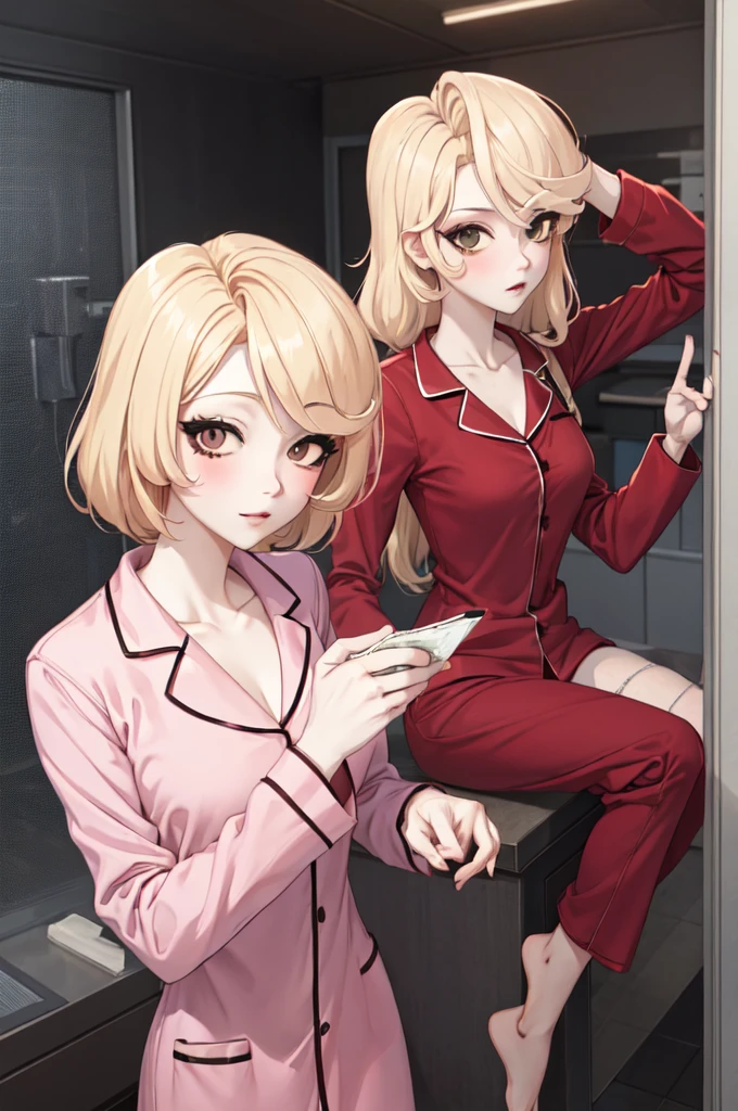 You can make an anime character with blonde hair and eyelashes and pink pajamas by cinammorrolll