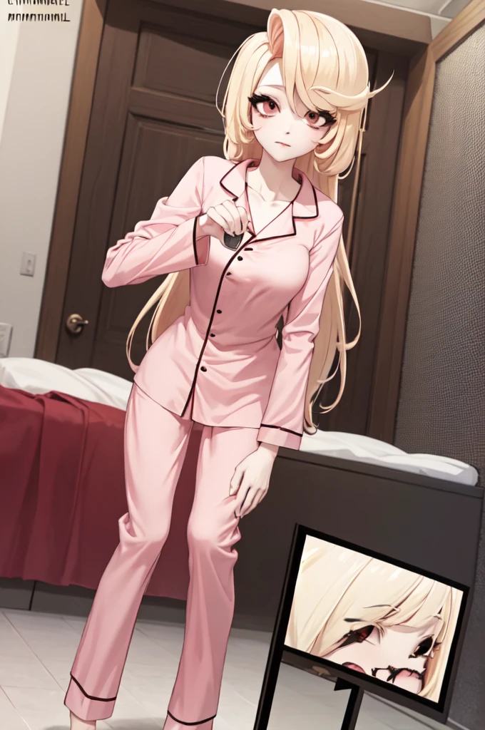 You can make an anime character with blonde hair and eyelashes and pink pajamas by cinammorrolll