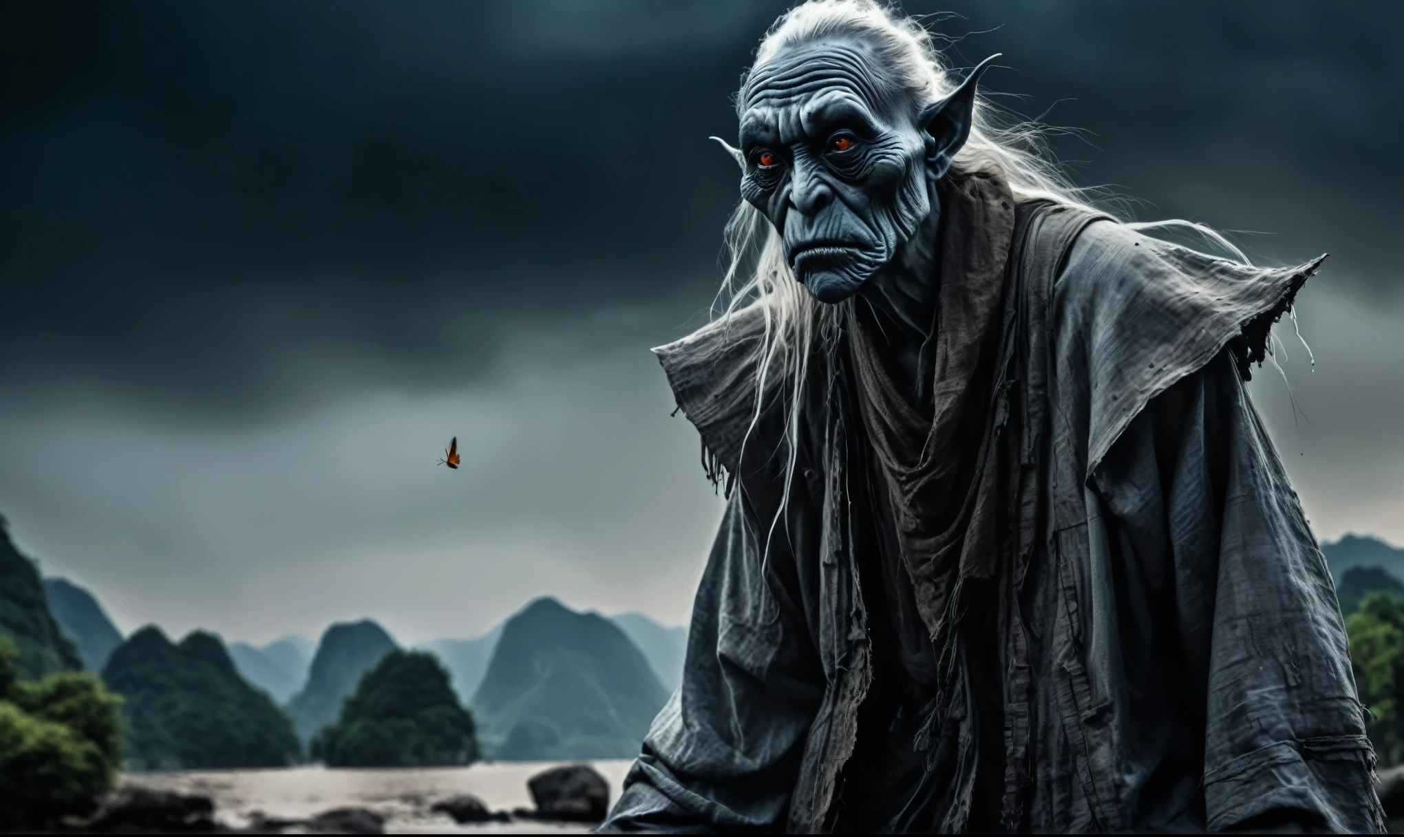full body length shot,beggar graphite Manganite sparas, wants eat,survival in Korean city of future,Cinematic,soft colors, Technicolor,natural skin textures, hyper realism, hyper detailed,Extremely detailed,High contrast,Masterpiece,Realistic,Ultra Detailed, intricate details,realistic humid leather,extremely intricate,Epic Realistic, cinematic style,irina yermolova,high contrast,hdr,extremely detailed, [deep night landscape],masterpiece,intricate details,faded,eyes extremely detailed, high detailed eyes,16k resolution,RAW,retina, Nikon Z9,China,Songbird,orc,Li River in Guangxi Zhuang of China,tkt style, Pisces, pointed ears，perfect, ginger，transition between two art styles, Ink painting to photorealism, Double contact, X-ray, Creative, vivid light, masterpiece, fantasy, Abstract, Surrealism, super detailed, high resolution, stop:35,(((creature with a spectral and ghostly appearance)). Her skin is pale, almost translucent.strange wears dark, torn clothes that float around him, as if permeated by an aura of mourning. Its appearance is complemented by details such symbols of  gothic elements
