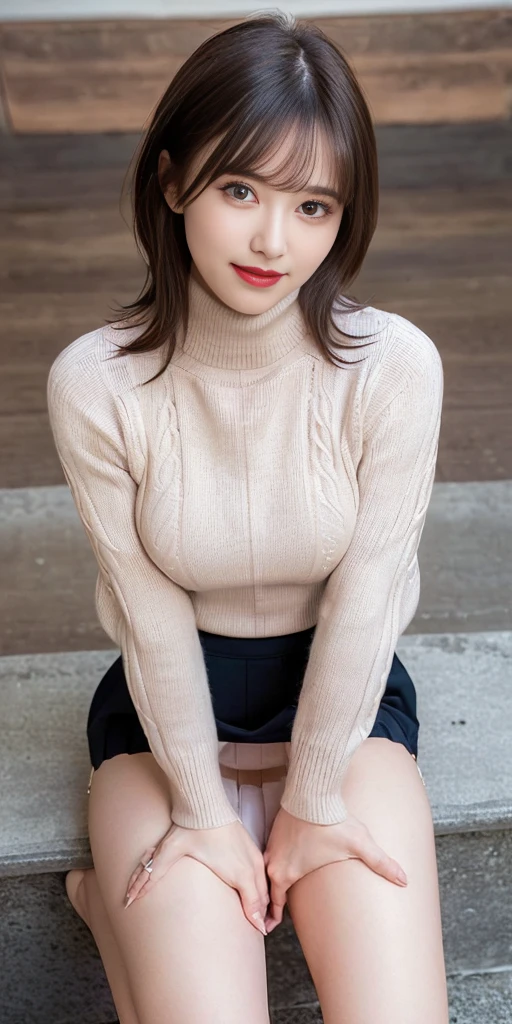 On the table, best quality,
Extremely detailed, Fine details, high resolution, 8K,
((Photorealistic:1.4, Original Photography, 超high resolution,Top image quality: 1.4)),
wallpaper,
((Perfect full body configuration 1.5)),
((Beautiful and delicate eyes, Natural lipstick、cleanface、Staring at the camera、eyelash、big eyes、Distinct double eyelids、Tear mole、Glowing skin、Clean skin quality、Lip Gloss)),
((A calm smile:1.5)),
((Casual and cute hairstyle)),
((Turtleneck sweater,Perfect fit:1.5)),
((Pull the knit over your chest:1.5)),((Large breast size、Cleavage:1.2)),
((Casual Cute Micro Mini Skirt:1.5)),
((Squat down and spread your legs:1.5)),
((Breasts exposed、Eye holes on arms:1.2)),
((From the front)),
((Random blurred background)),
((Casual and cute expression:1.5)),,
((((1 female:1.5))))
Very detailed and professional lighting、
((Sexy underwear can be seen through the skirt:1.5))、
((Thighs exposed:1.5))、