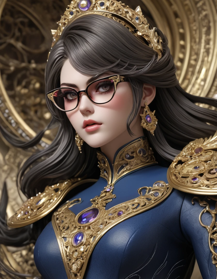 Fille Bayonetta ,porte des lunettes allongées de forme complexe très détaillé et pointue, lunette de forme complexes fractales 