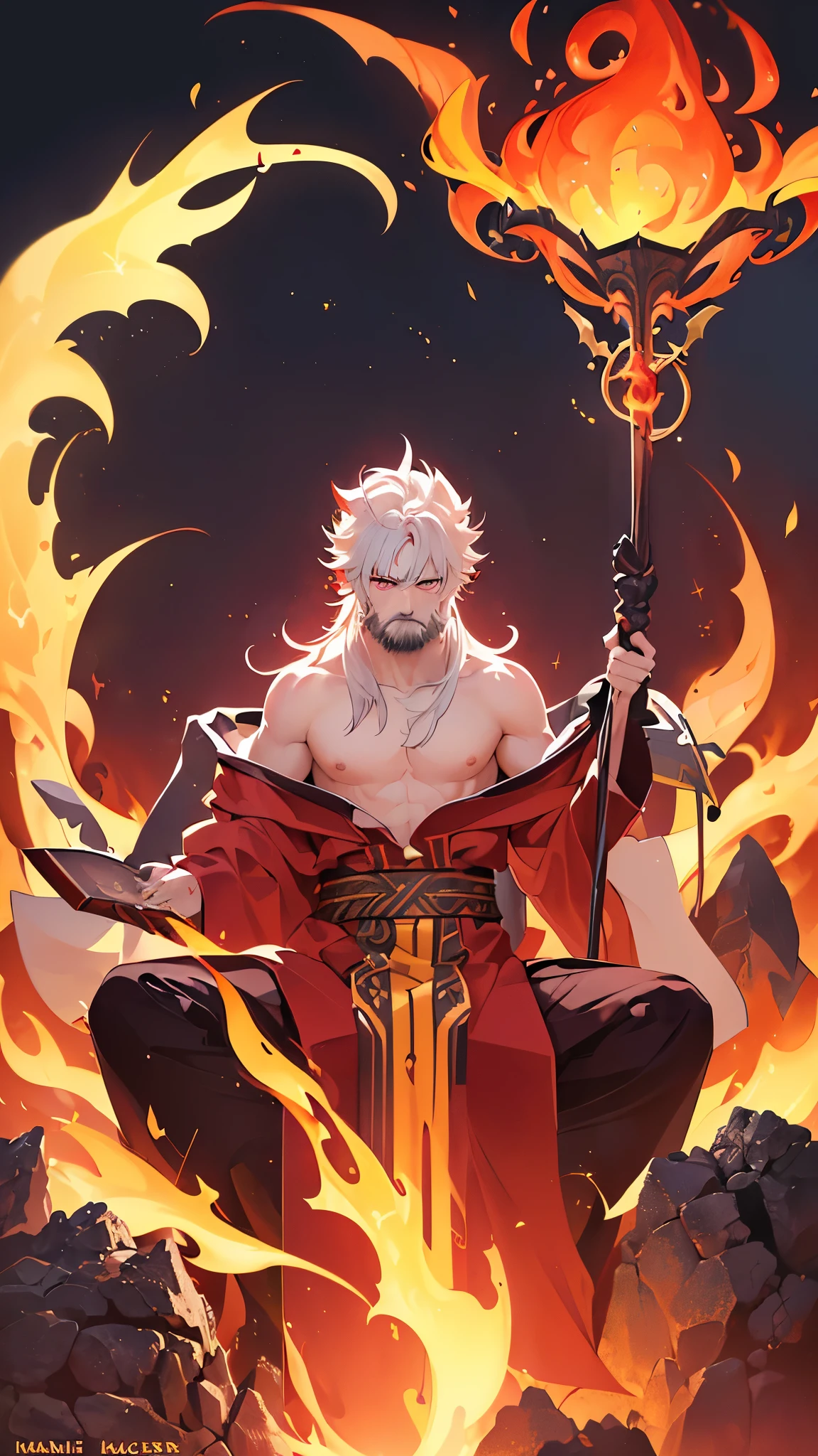 Name: Kaguya the Flame Whisperer
Element: FLAMARA
Description: A master of elemental magic, Kaguya male of the legendary volcanic tribe, despised yet revered for his fiery emotions and fervent determination. His deep-seated intense passion radiates through his entire being and unfurls as an ethereal aura surrounding him.
Prompt: ((((Magister, el increíble detalle, exact FIT)), 1man, confident, seated on volcanic rock, (red hair:1), unkempt, ((humanoid, volcanic tribe descent:1)), reddish-gold eyes, ((glowing_eyes)), (((hyper real face, intense facial features, middle aged:0.9))), centered, (close up), facing viewer, located near an active volcano, oversized shoulders, hands clasped, contemplative demeanor, (( expressed emotion:1)), bearded, robust build, no shirt, proud scar on left cheek, beautiful lighting, fiercely intense gaze, old, (leaning on staff))