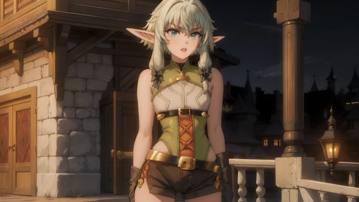 1 girl,20 years, Portrait of a girl, face accent, One,happy face,black and gold long dress,middle, elf archer from Goblin Slayer, White hair, sexy figure, very beautiful, erotica, long hair,yellow eyes,Elf Ears, black small horns,white tights,Detailed long boots,golden tiara,Luxurious gold jewelry,(((standing on the porch of the castle)))