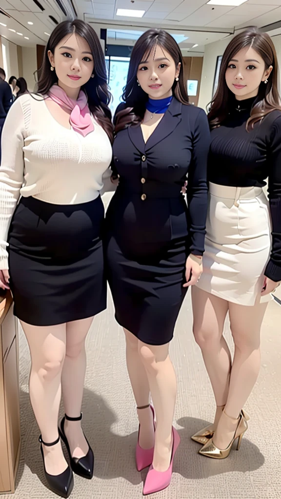 (Best Quality, Masterpiece, Photo realistic, Ultra Detailed, ultra high res, raw:1.3), (5 girls, group shot), beautiful, Japanese, mature, 28yo, office workers, ({gold| silver| wine red| blue| navy| pink} clothes:1.3), (turtle neck knit, pencil skirt), (smile), long hair, bangs, high-waist, necklace, (at IT office), (long legs, high heels, full body:1.2), (big breasts:1.3), (crowd)