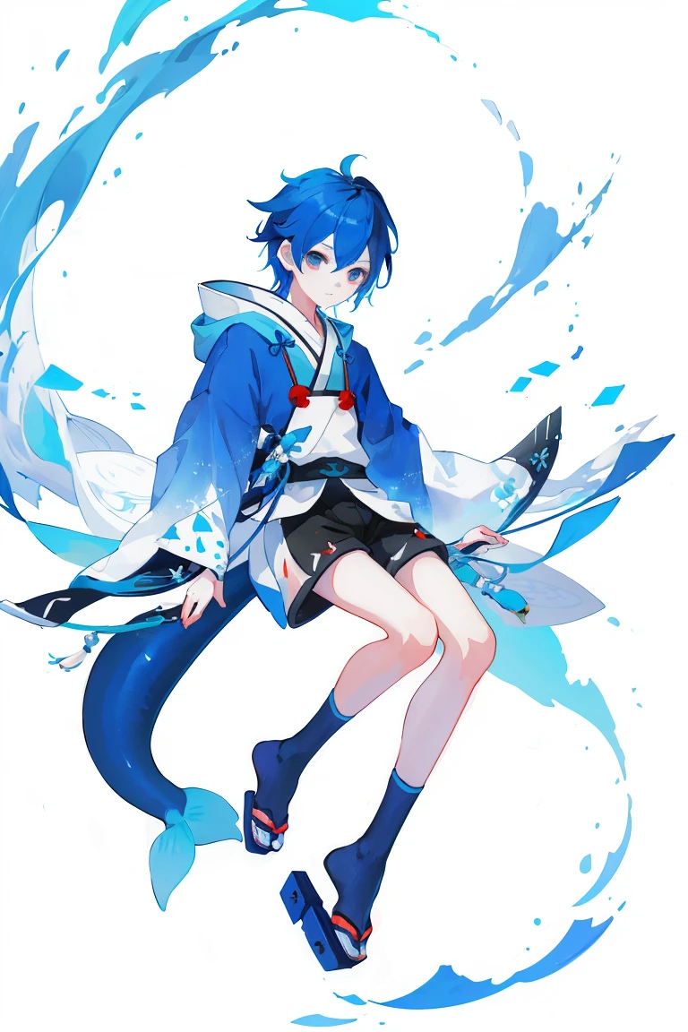 (1 ), solo, solo, Full-body portrait, Shark Tail, Blue hoodie, Cute Shota，Shorts，White background, The Detailed Art of the Onmyoji, beautiful painting style, The Style, masterpiece, Top Quality, Highest quality, Ultra-high resolution with beautifully detailed lighting,