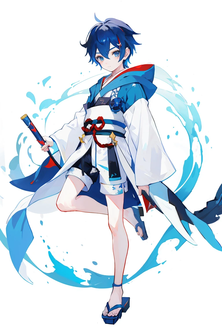 (1 Boy), solo, solo, Full-body portrait, Shark Tail, Blue hoodie, Cute Shota,Shorts,White background, The Detailed Art of the Onmyoji, beautiful painting style, The Style, masterpiece, Top Quality, Highest quality, Ultra-high resolution with beautifully detailed lighting,