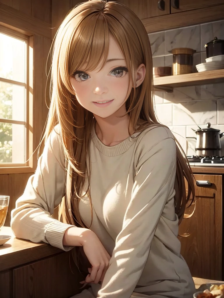 beautiful young woman, anime style, detailed face, wearing casual clothes, sitting at a table, eating a delicious snack, cheerful expression, cozy kitchen, warm afternoon light, detailed background with kitchen elements, high detail, 8k resolution, cinematic lighting, best quality, realistic food textures, gentle shadows, pastel color palette, Instagrammable, cute and relaxed, aesthetic, warm and inviting atmosphere