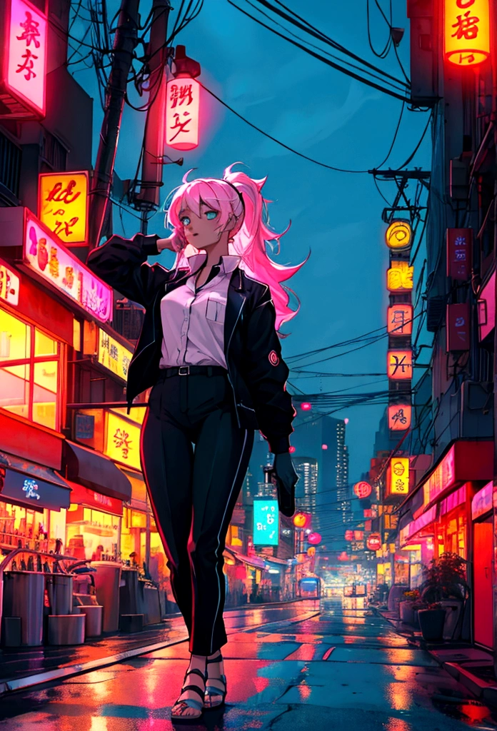 girl, neon, midnight, city, bar, おしゃれ