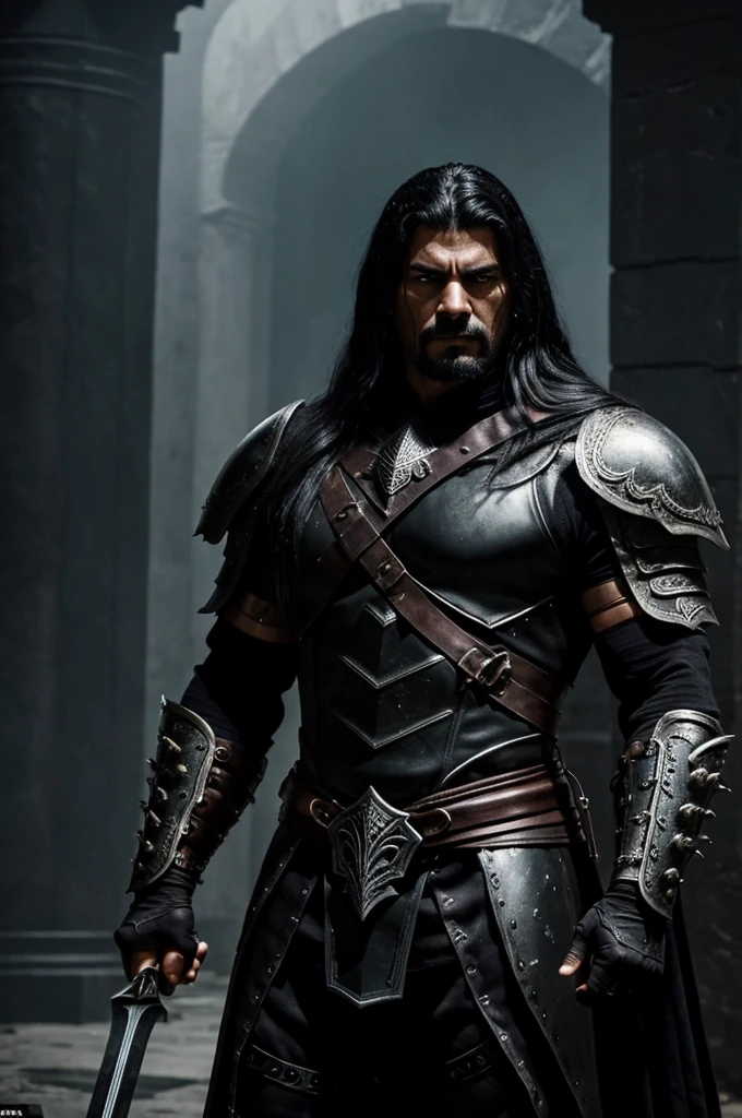 A dark and intimidating warrior, Hernán has an aura of danger and power. He's tall and sturdy, with obvious musculature. Her hair is black and shaggy, matching the dark eyes that hold an intense anger. His armor is dark and imposing, made of black metal with deep red details, reflecting his malevolent nature. He wields a black spear that emits a cold, menacing glow.. His expression is one of pure malice and relentless determination.. Hernán exudes an oppressive presence, ready to destroy anyone who opposes him.