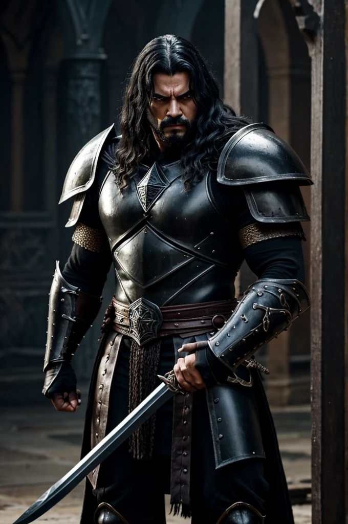 A dark and intimidating warrior, Hernán has an aura of danger and power. He's tall and sturdy, with obvious musculature. Her hair is black and shaggy, matching the dark eyes that hold an intense anger. His armor is dark and imposing, made of black metal with deep red details, reflecting his malevolent nature. He wields a black spear that emits a cold, menacing glow.. His expression is one of pure malice and relentless determination.. Hernán exudes an oppressive presence, ready to destroy anyone who opposes him.