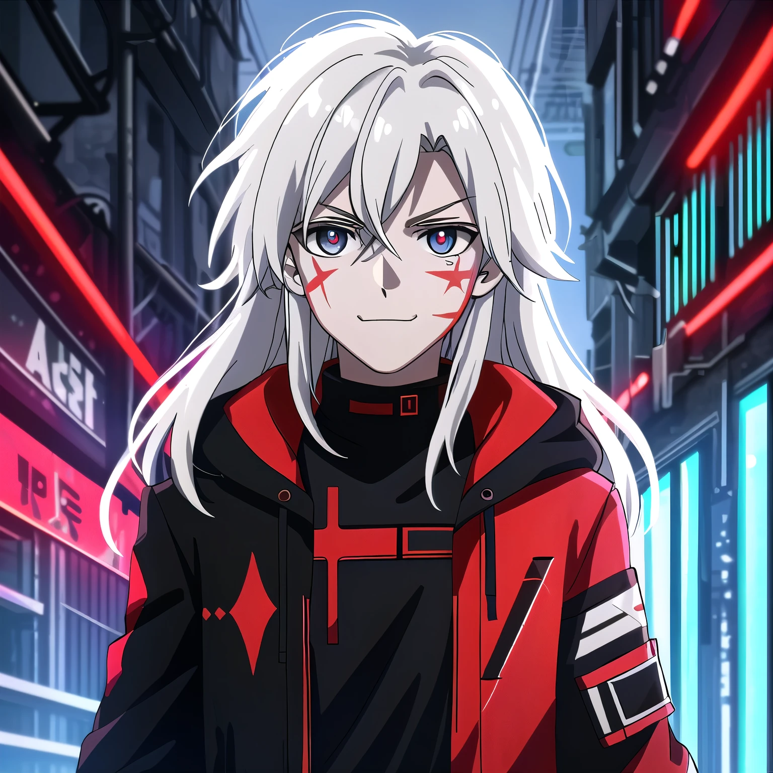 (high-quality, breathtaking),(expressive eyes, perfect face) portrait, Symmetrical Eyes, 1boy, male, teenager, solo, looking at viewer, portrait, simple background, white background, apocalyptic theme, ruined city buildings, alleyway, allen walker, red eye color, white hair, scar, facial mark, halfbody shot, long hair length, confident expression, charming, black and red jacket, hood, red trim, smirk, cyberpunk clothing, Abzu
