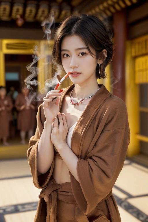 ((((8K))),((Extremely detailed CG)) ,(wallpaper),16K,((Extremely exquisite and beautiful)),(((masterpiece))),(((Best quality))),(((超high resolution))),Beautiful light,Perfect Lightning,Realistic shadows,[high resolution],(Smooth and flawless fair skin:1.5),(Pale skin:1.3),Extremely delicate facial details,(Perfect body:1.1),Extremely detailed,((A beautiful girl,Solitary)),(Now chanting Buddha:1.3),(Small head:1.2),(short hair:1.5),(Small face:1.2),Exquisite makeup,(Small Breasts:1.2),(flat chest:1.2),(Slim,Thin),Happy,(Smile:1.2),(Buddha bead necklace:1.3),(collar:1.3),(Gorgeous brown robe:1.5),(Brown shirt:1.3),(There are also brown ones:1.3),(Night view:1.5),(indoor:1.2),(In the main hall of Donga Temple:1.5),(Dim Lights:1.2),(Detailed background:1.5),(permanent:1.3),(Put your hands behind your back:1.3),(Upper Body:1.3),(From the front:1.3),(cigarette:1.3),(Surrounded by a crowd:1.5),(spring:1.2)
