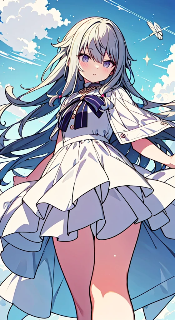 masuter piece, Best Quality,32K、Wallpaper, ultra -detail, Absurd beauty, 1Beautifulwoman、Big eyes with sparkly、Hair fluttering in the wind、:O、slender long legs、Smaller head、miscievous smile、Angle looking up from below:1.3、Angle from which you can see the whole body, hair color purple, tan skin