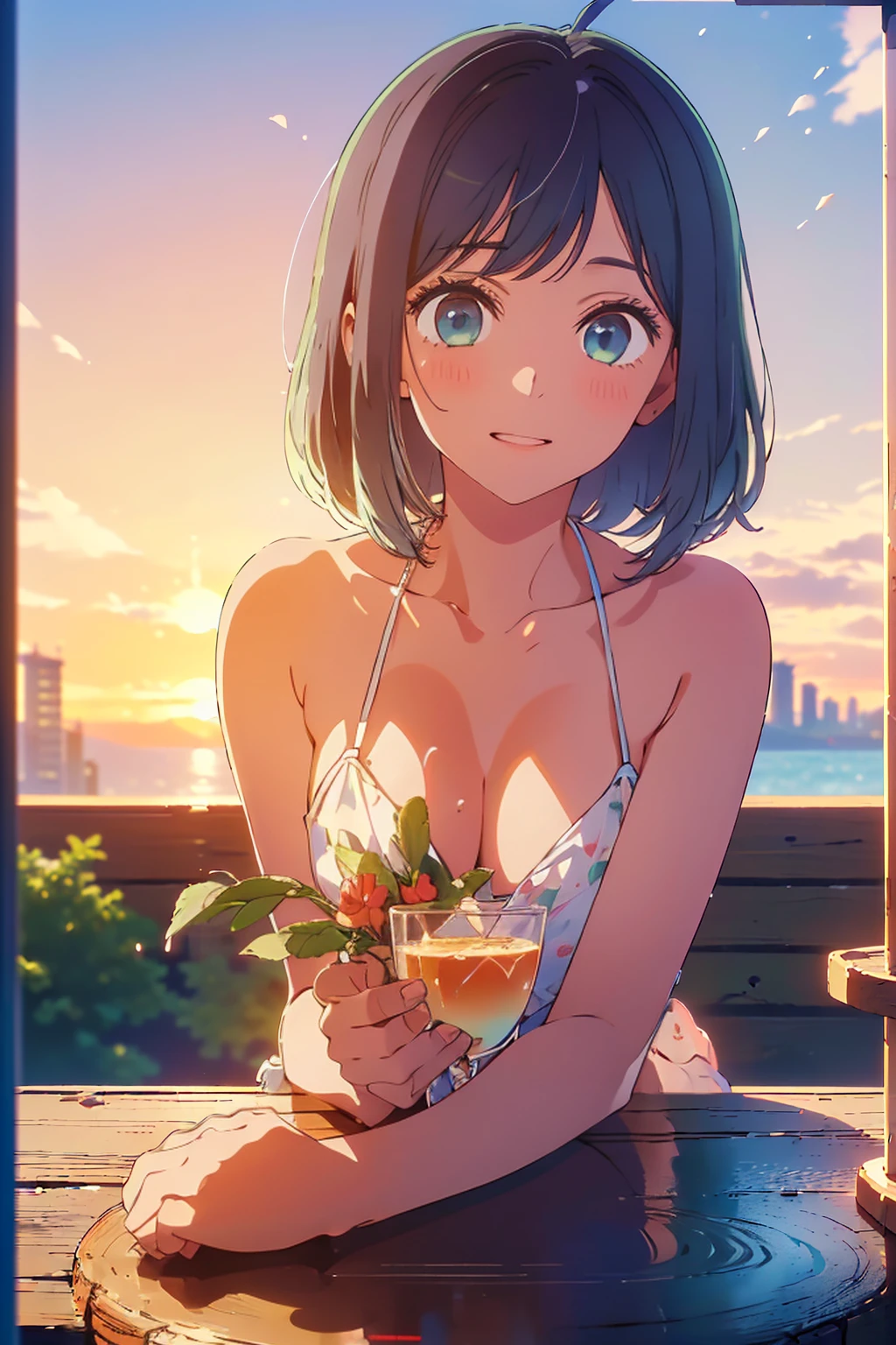 (Highest quality:1.4、masterpiece:1.4、Super detailed:1.4、8K:1.4)、F cup bust、Big Breasts、Slim body、((((1 person、Surprised expression、sit、In the background are the urban buildings of Tokyo、looking at the camera、Outdoor café terrace、Sunset Beach、Navy hair color、Shooting from a distance、juice、table、sunset、Very cute face))))、(Pose of putting hair behind ears with hands:1.4）、((nude、Areola、bikini size too small))、A completely cloudless sky、Big eyes、((((Shallow depth of field))))