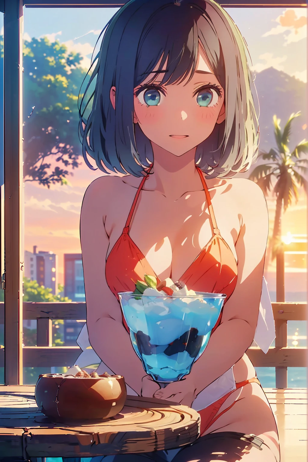 (Highest quality:1.4、masterpiece:1.uper detailed:1.4、8K:1.4)、F cup bust、Bigim body、((((1 person、Surprised expression、sit、In the background are the urban buildings of Tokyo、looking at the camera、Outdoor café terrace、Sunset Beach、Navy hair color、Shooting from a distance、juice、table、sunset、Very cute face))))、(Pose of putting hair behind ears with hands:1.4)、((nude、Areola、bi sizemall))、A completely cloudless sky、Big eyes、((((Shallow depth of field))))