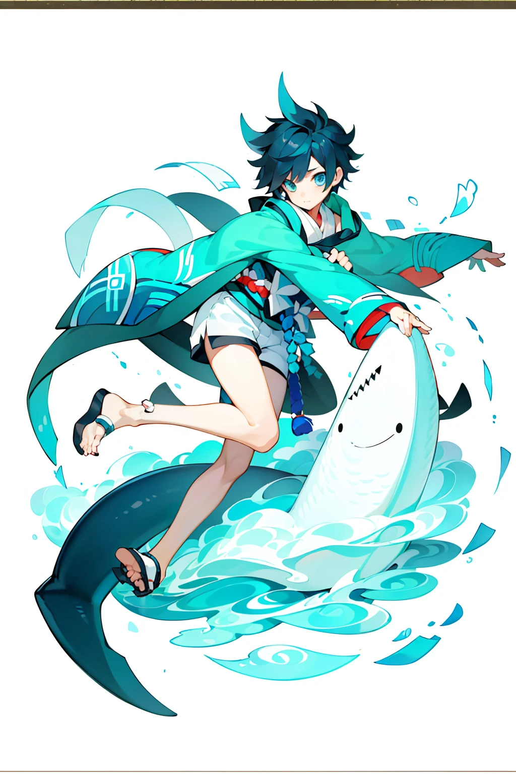 (1 ), solo, solo, Full-body portrait, Shark Tail, Blue hoodie, Cute Shota，Shorts，White background, The Detailed Art of the Onmyoji, beautiful painting style, The Style, masterpiece, Top Quality, Highest quality, Ultra-high resolution