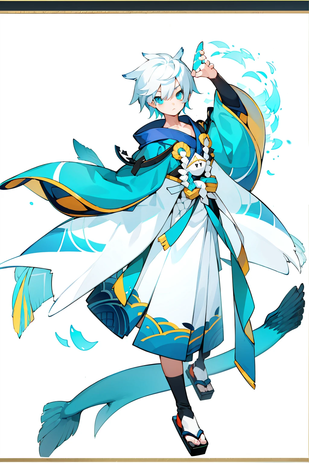 (1 Boy), solo, solo, Full-body portrait, Shark Tail, Blue hoodie, Cute Shota，Shorts，White background, The Detailed Art of the Onmyoji, beautiful painting style, The Style, masterpiece, Top Quality, Highest quality, Ultra-high resolution