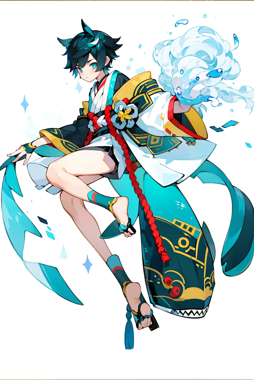 (1 Boy), solo, solo, Full-body portrait, Shark Tail, Blue hoodie, Cute Shota,Shorts,White background, The Detailed Art of the Onmyoji, beautiful painting style, The Style, masterpiece, Top Quality, Highest quality, Ultra-high resolution