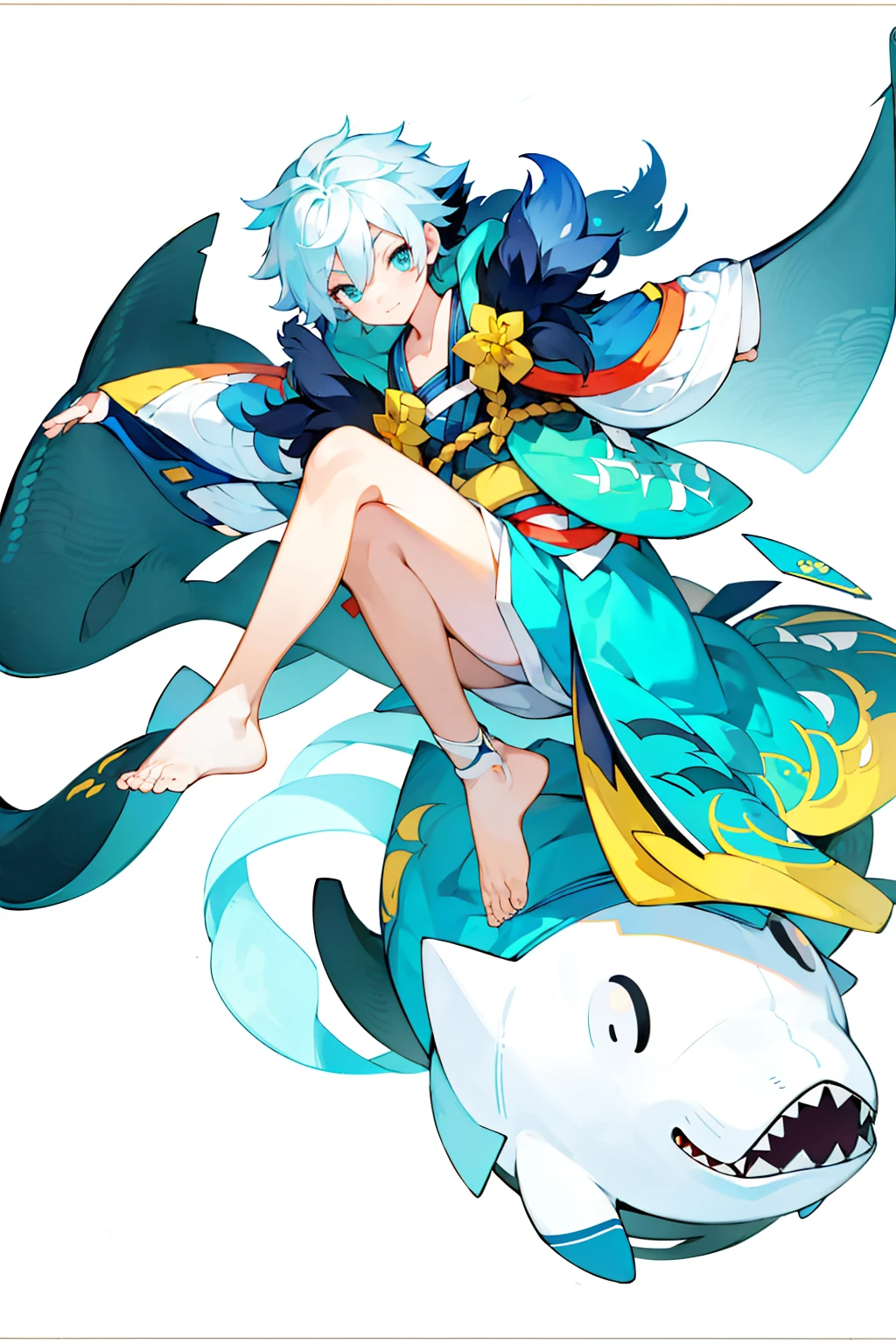(1 Boy), solo, solo, Full-body portrait, Shark Tail, Blue hoodie, Cute Shota,Shorts,White background, The Detailed Art of the Onmyoji, beautiful painting style, The Style, masterpiece, Top Quality, Highest quality, Ultra-high resolution
