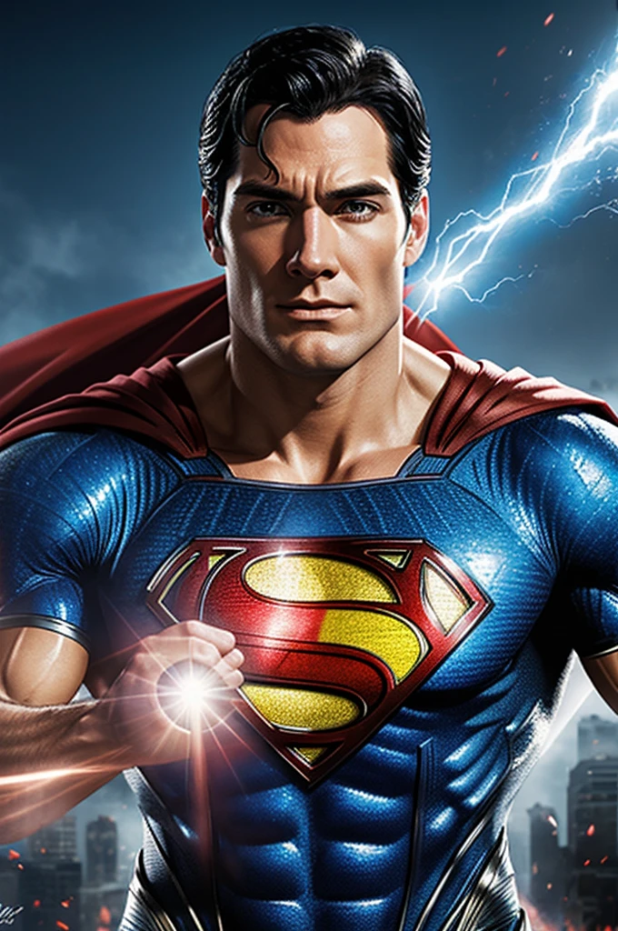 Superman using his powers of heat vision and ice breath, digital art, realist, Very detailed