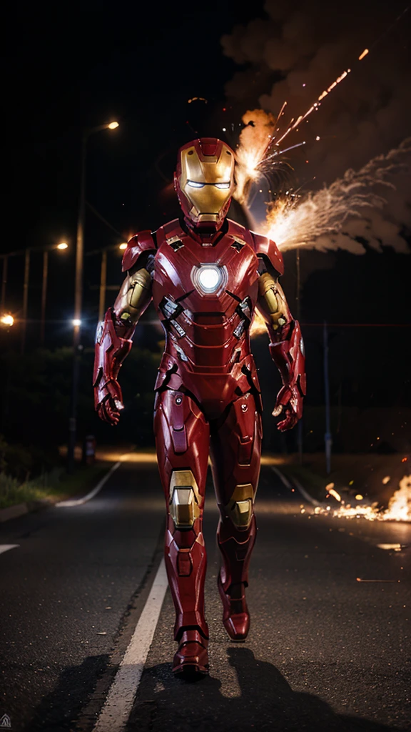 A 3 year old iron man boy without a head covering is walking while shooting lasers , background of highway and flames, real photo, professional photo, realistic photo, clear photo, full HD, 4k