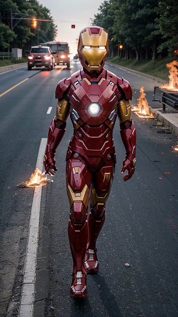 A 3 year old iron man boy without a head covering is walking while shooting lasers , background of highway and flames, real photo, professional photo, realistic photo, clear photo, full HD, 4k
