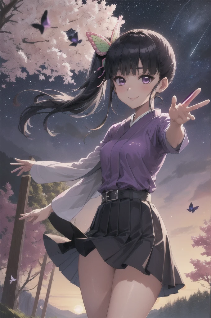 (masterpiece:1.3), (best quality:1.1), (8k, ultra detailed, ultra high res:1.2), ((anime style)), perfect 5 fingers, perfect anatomy, 
1girl,
Kanao Tsuyuri, 
BREAK long hair, side ponytail, 
black hair, 
purple eyes, 
butterfly hair ornament, 
(medium breasts:0.9),  
BREAK purple shirt, pleated skirt, white haori, 
smile, 
looking at viewer, 
cowboy shot, 
perfect light, 
waving, waving arms, outdoors, forest, field, night, night sky, starry sky,