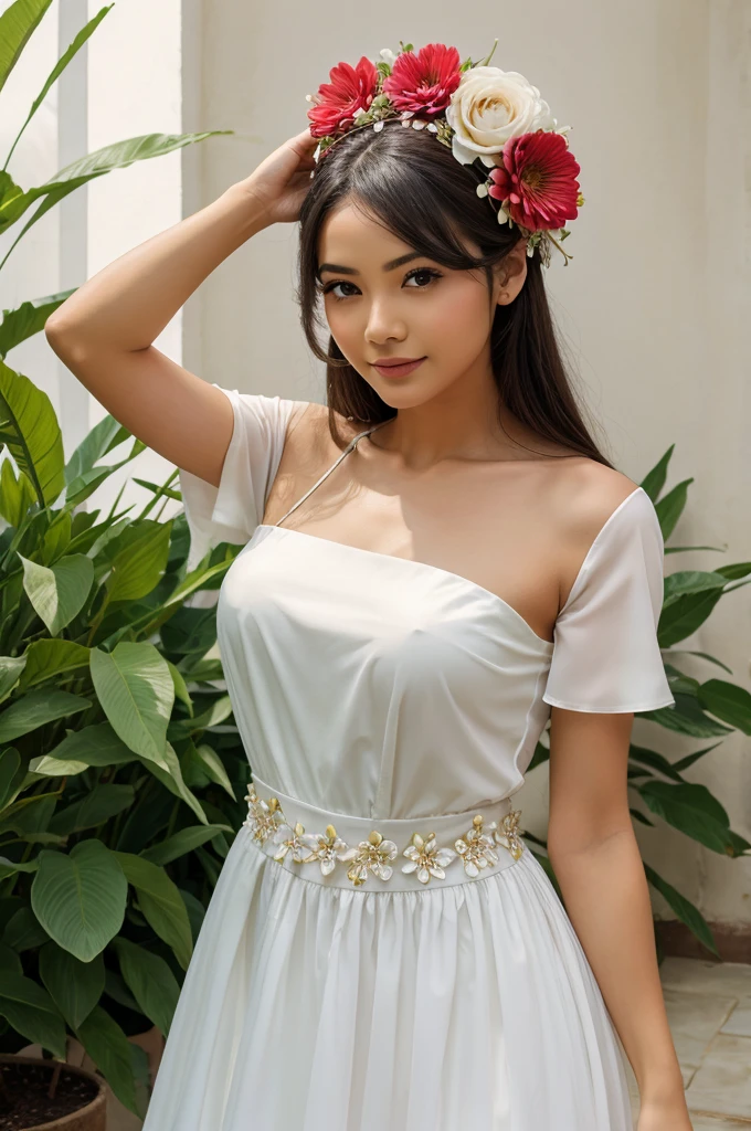An women with full dress, flower on head, blessing pose