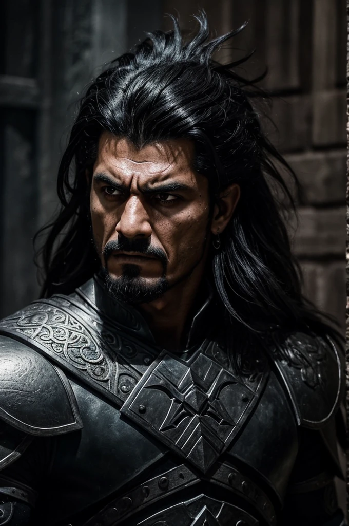 A dark and intimidating warrior, Hernán has an aura of danger and power. He's tall and sturdy, with obvious musculature. Her hair is black and shaggy, matching the dark eyes that hold an intense anger. His armor is dark and imposing, made of black metal with deep red details, reflecting his malevolent nature. His expression is one of pure malice and relentless determination.. Hernán exudes an oppressive presence, ready to destroy anyone who opposes him.