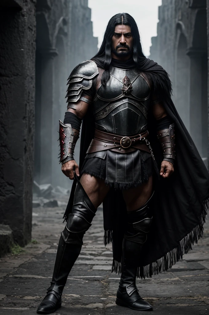 A dark and intimidating warrior, Hernán has an aura of danger and power. He's tall and sturdy, with obvious musculature. Her hair is black and shaggy, matching the dark eyes that hold an intense anger. His armor is dark and imposing, made of black metal with deep red details, reflecting his malevolent nature. His expression is one of pure malice and relentless determination.. Hernán exudes an oppressive presence, ready to destroy anyone who opposes him.