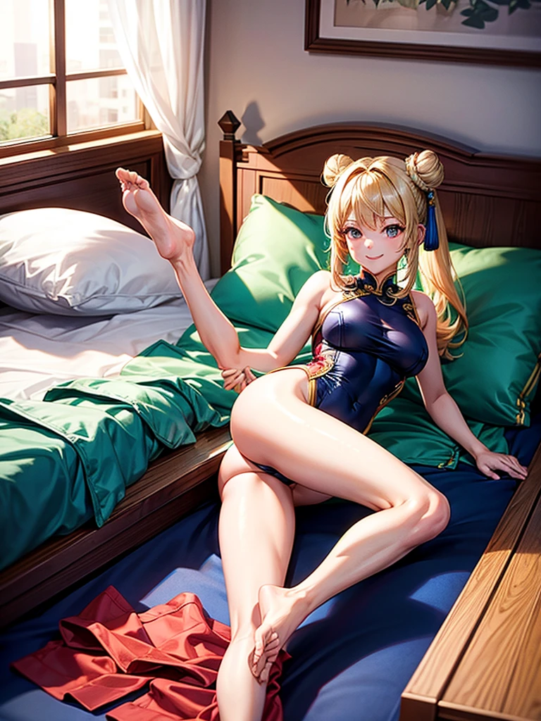 Highest Resolution,Highest quality,Woman in Chinese leotard,smile,Bun Hair,Bedroom,bed,High leg,Blonde,