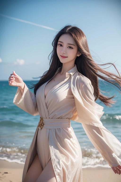 Smile, (Best quality details:1.2),8K HD,Extremely detailed,High quality textures,Intricate details,Detailed texture,Meticulous attention to detail,High Detail,Extremely detailed的 CG,High quality shadows,Delicate and beautiful face,(Delicate, beautiful eyes:1.32),Depth of Field,Ray Tracing,(A 25-year-old beautiful and lovely classical Chinese lady:1),Glowing eyes,blush, Perfect body，dance蹈,dance,旋转dance,Black trench coat suit,Tasteful shirt,Sunlight，Sea sky background，The sea breeze blows，The world is big