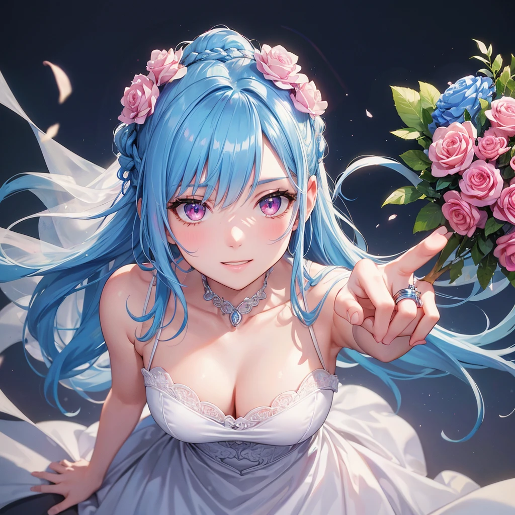 Sky blue hair, (Braided Ponytail),(Pink Eyes),Fair skin ,(whole body),(One girl),bride,A big smile,Straight bangs, 6月のbride,Wedding dress,(masterpiece, Highest quality, Very detailed, Best Shadow), (Detailed Background), (Beautifully detailed face), High Contrast, (Best lighting, Very delicate and beautiful), ((Cinematic Light)), colorful, Hyper Detail, Dramatic Light, Intricate details,Chapel background,Bouquet of roses,Ring on left ring finger,