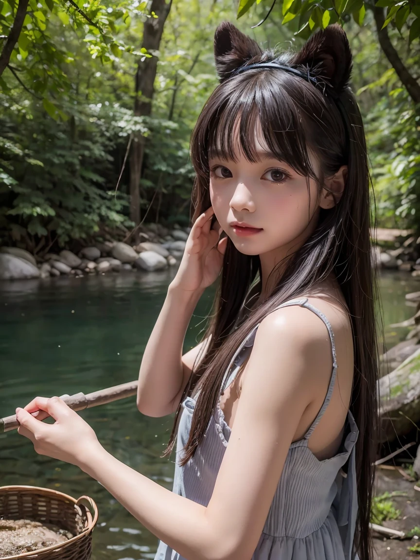 (Best quality), girl about 11 years old, close-up, In the woods, on riverside, hut, girl in a short gray dress, Ancient Style, there are two live bear cubs on the shore, noon, Beautiful landscape, without headdress, girl plays with live bear cubs