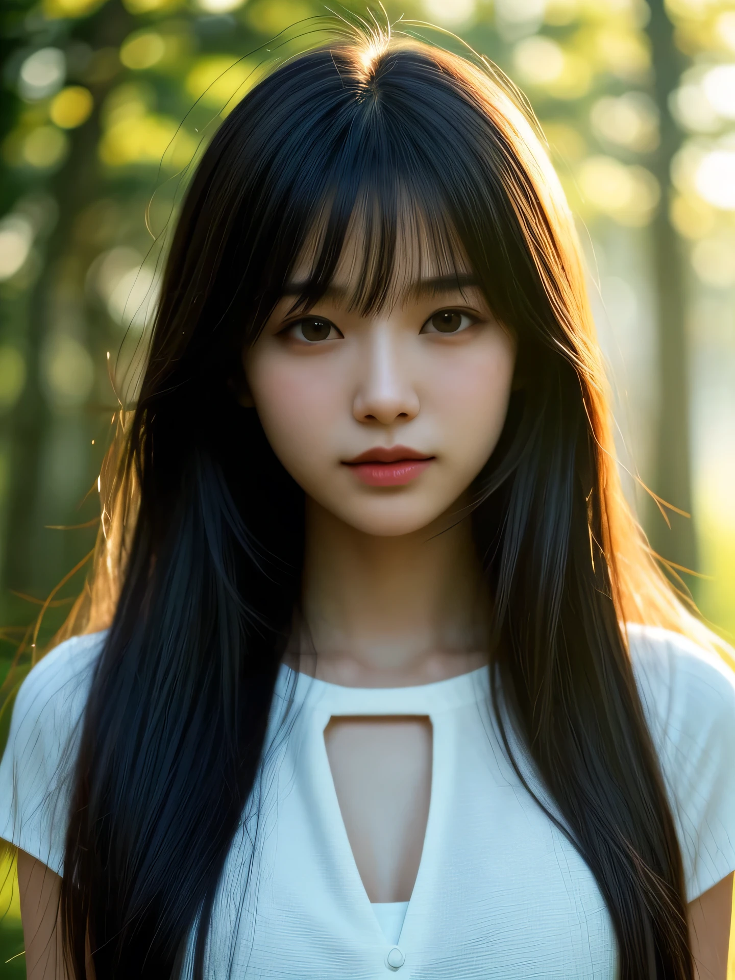 (Photo Real:1.4), (hyper realisitic:1.4), (Smooth lighting:1.05), 1 girl, blouse, (sad:1.4), open your mouth to say something, Close-up of the face, Soft lighting, Back lighting, (cheerfulness:1.2), (Finest Real Textured Skins), Narrow-eyed, Super fine face, glowy skin, retinas, Anatomically correct, acurate, Straight Long hair, hair blown by the wind, Textured skin, High quality, high details, Best Quality, High resolution, bangs, The morning sunlight shines through the misty forest path.