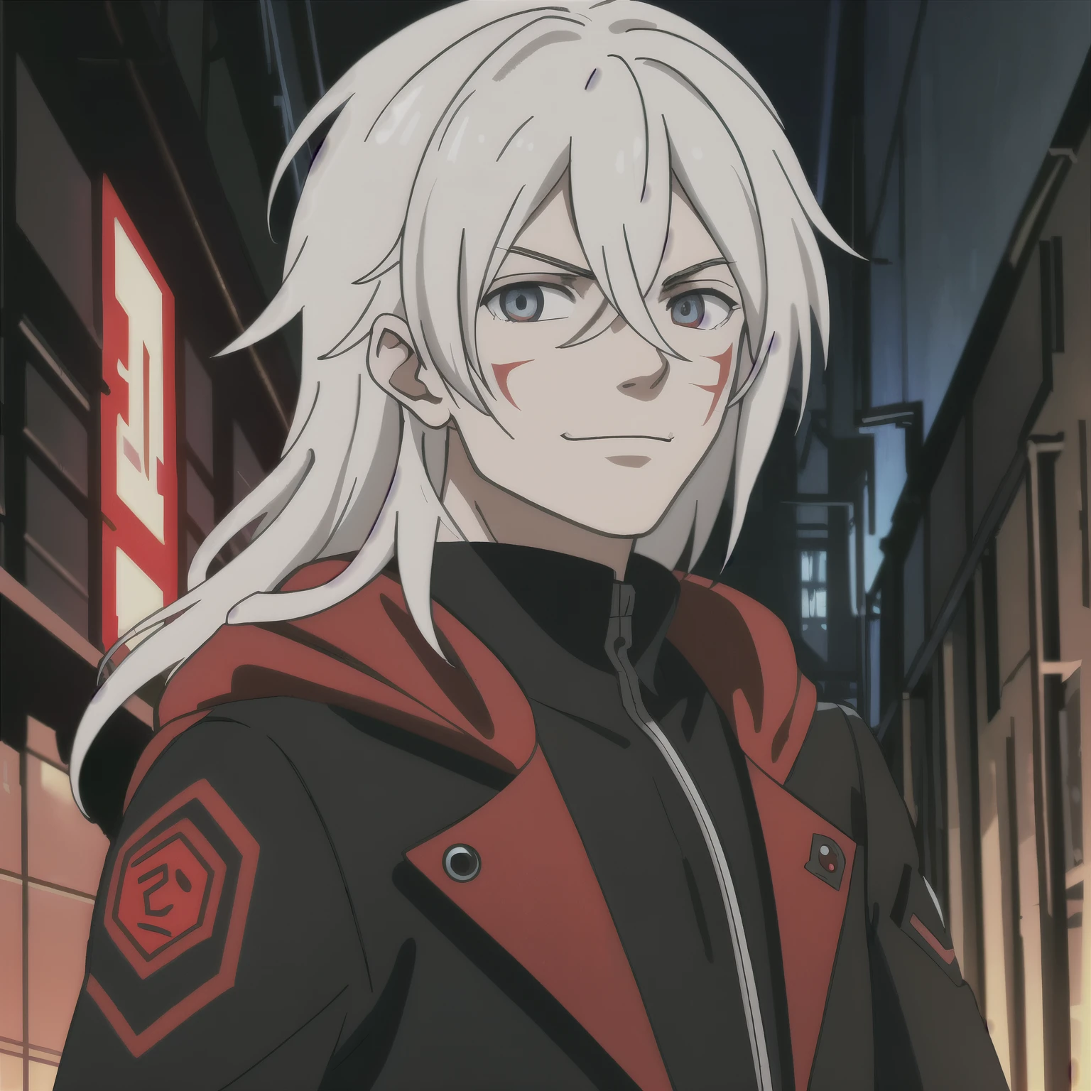 (high-quality, breathtaking),(expressive eyes, perfect face) portrait, Symmetrical Eyes, 1boy, male, teenager, solo, looking at viewer, portrait, simple background, white background, apocalyptic theme, ruined city buildings, alleyway, allen walker, red eye color, white hair, scar, facial mark, halfbody shot, long hair length, confident expression, charming, black and red jacket, hood, red trim, smirk, cyberpunk clothing, Abzu
