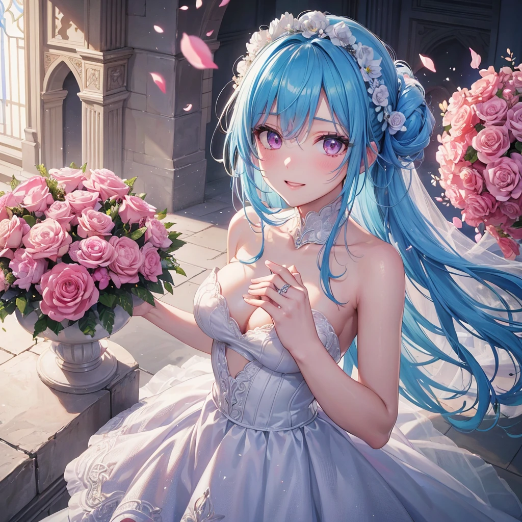 Sky blue hair, (Braided Ponytail),(Pink Eyes),Fair skin ,(whole body),(One girl),bride,A big smile,Straight bangs, 6月のbride,Wedding dress,(masterpiece, Highest quality, Very detailed, Best Shadow), (Detailed Background), (Beautifully detailed face), High Contrast, (Best lighting, Very delicate and beautiful), ((Cinematic Light)), colorful, Hyper Detail, Dramatic Light, Intricate details,Chapel background,Bouquet of roses,Ring on left ring finger,