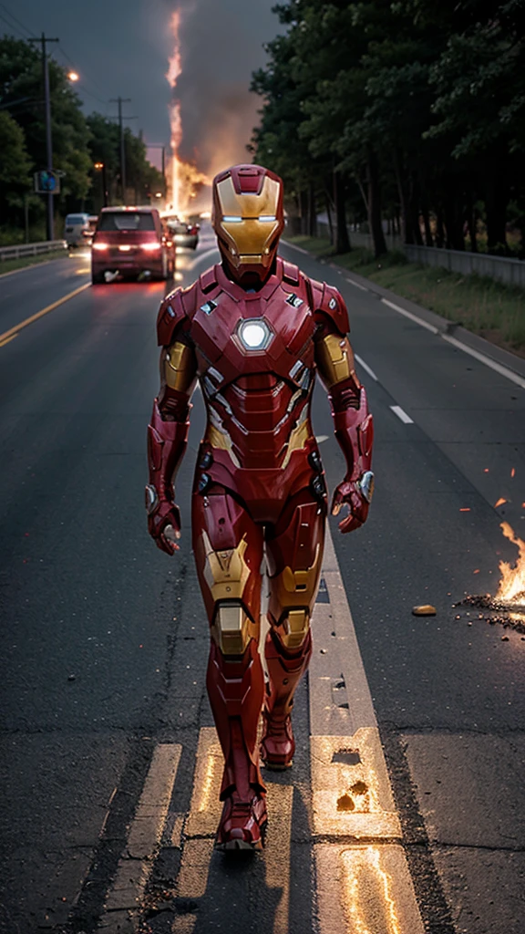 A 3 year old iron man boy without a head covering is walking while shooting lasers , background of highway and flames, real photo, professional photo, realistic photo, clear photo, full HD, 4k