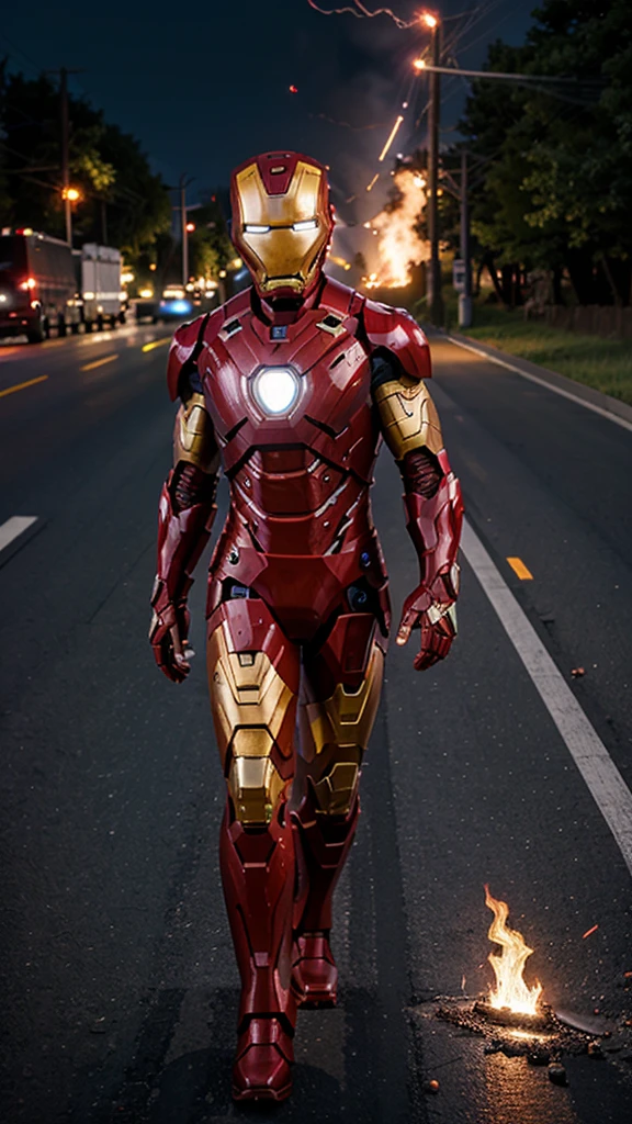 A 3  iron man boy without a head covering is walking while shooting lasers , background of highway and flames, real photo, professional photo, realistic photo, clear photo, full HD, 4k 