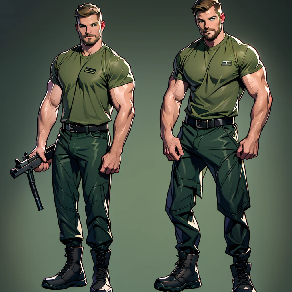 1 man, male focus solo, middle aged man,Stephen AMELL as a military man, lean muscle,dark green T shirt, brown leather belt and boots, green(( camouflage tactical pants)) with ((big bulge)), full body shot, dark blond short hair, well groomed facial hair, holding a gun with one hand, (gun:1.2), ultra high quality, masterpiece, ,( intense splashed of dark green and brown paint in the blackground)