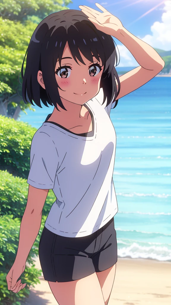 shinkai makoto, kimi no na wa., 1girl, bangs, black hair, blush, brown eyes, casual clothes, white t-shirt, black shorts, short hair, smile, cute, solo, looking at viewer, outdoors, summer, beach, cloudy, sunlight, dynamic pose, being delighted and cheerful