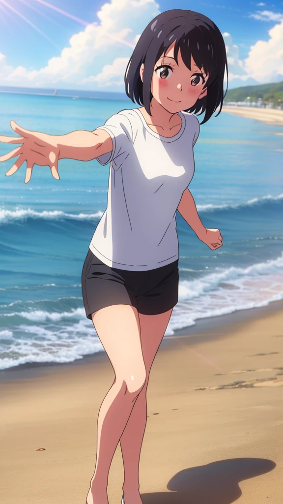 shinkai makoto, kimi no na wa., 1girl, bangs, black hair, blush, brown eyes, casual clothes, white t-shirt, black shorts, short hair, smile, cute, solo, looking at viewer, outdoors, summer, beach, cloudy, sunlight, dynamic pose, being delighted and cheerful