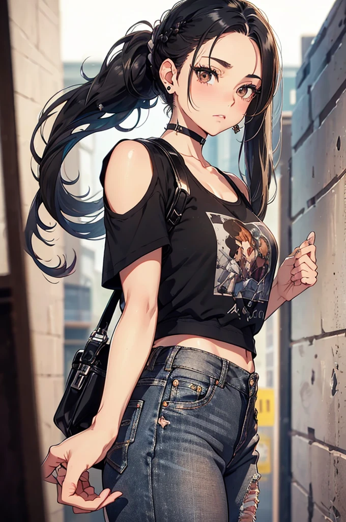 Photo Info: Beautiful, perfect photo, HD, top-quality, masterpiece, perfect hands, cowboy shot, (((Medium-long straight silver hair))), (((middle part))), goes over shoulders, (((((black hair roots))))) , ponytail, multiple ear piercings (lobe, helix, and orbital ear piercings),short, cute, lots of makeup, blush on cheeks, long lashes, large doe eyes. 1person, ((((brown eyes)))), confident, round features, tanktop and jeans