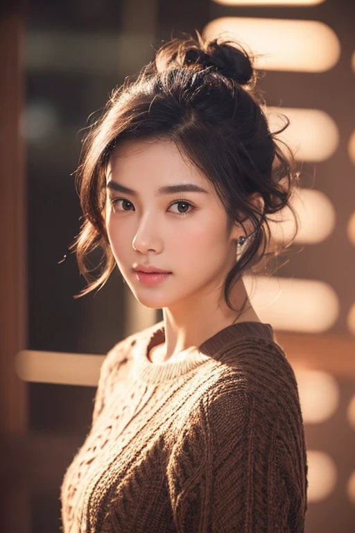 Brownish black hair, Iris, Fair skin, Face like goose eggs, atmosphereのある顔の特徴, expensive, Confidence and strength, Firm and plump, Curly Hair, Hair Bun, With hairpin, Official Quality, mysterious, Light and shadow, Correct Proportions, aesthetics, atmosphere,Black sweater