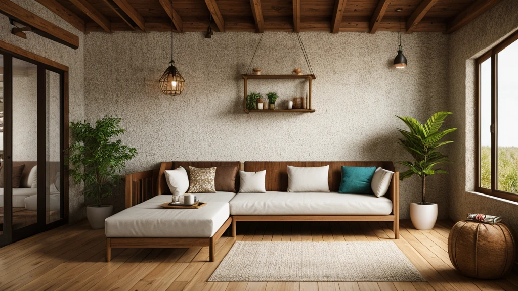 Mockup frame in nomadic boho interior background with rustic decor, 3d render