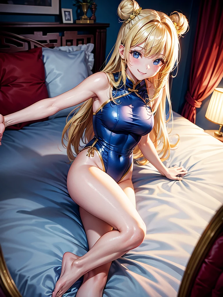 Highest Resolution,Highest quality,Woman in Chinese leotard,smile,Bun Hair,Bedroom,bed,High leg,Blonde,